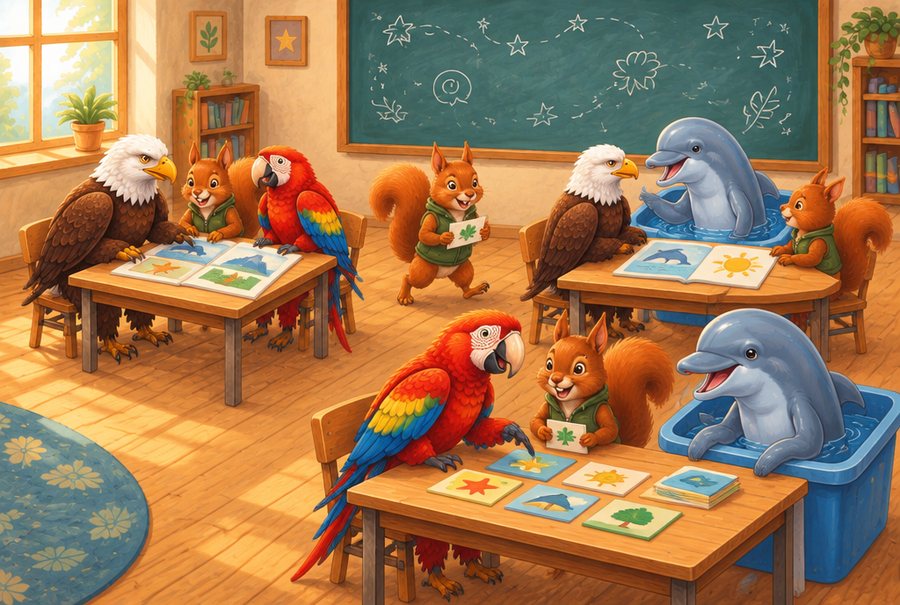 Gemaltes Klassenzimmer, in dem Adler, Papageien, Eichhörnchen und Delfine gemischt an den Tischen zusammen lernen